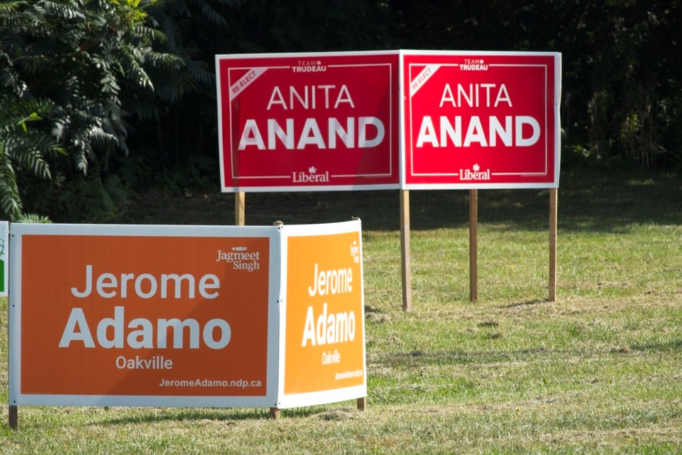 2021 election signs Adamo and Anand, NDP, Liberal